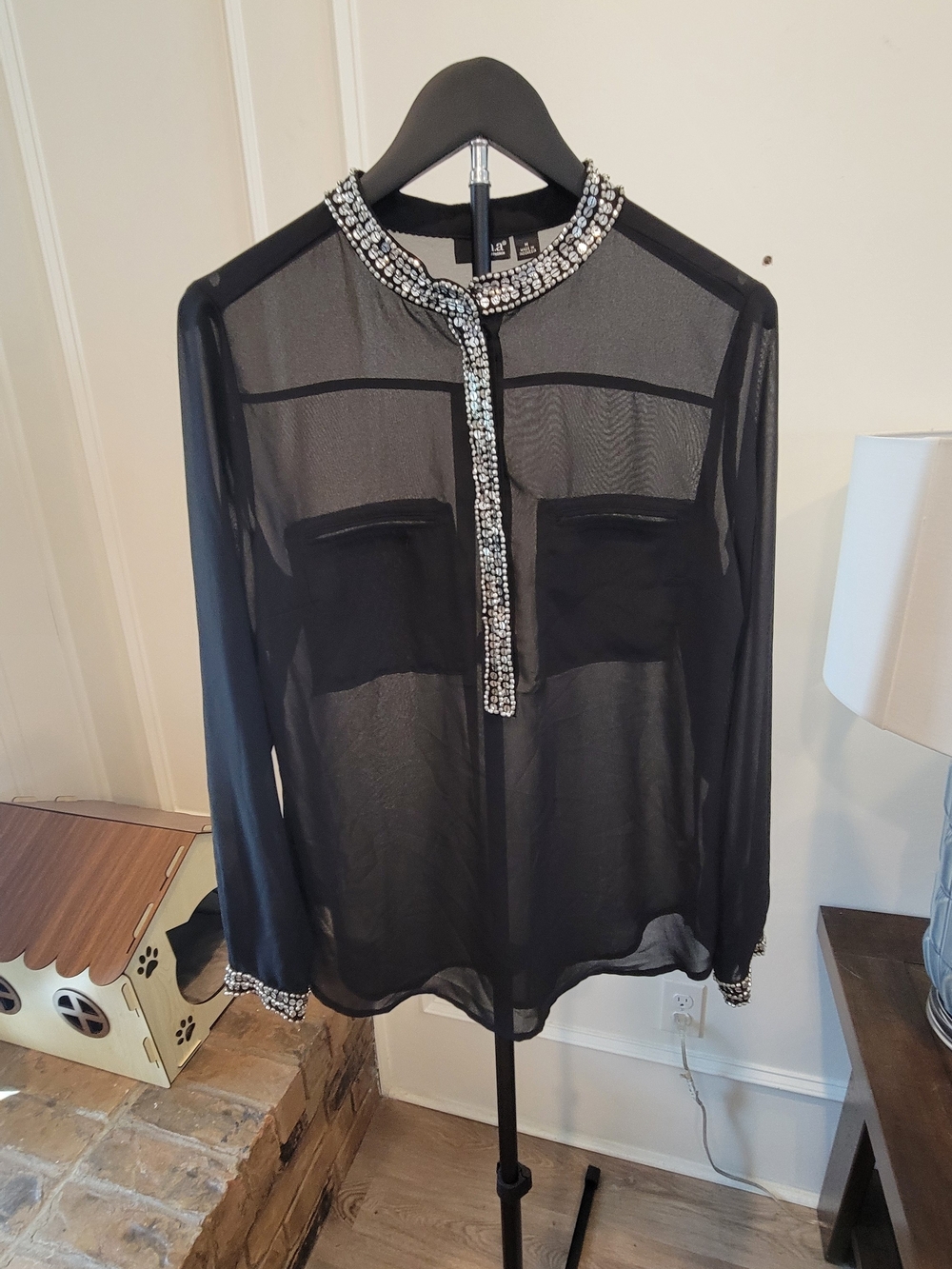 a.n.a Black Sheer Blouse with Jeweled Trim